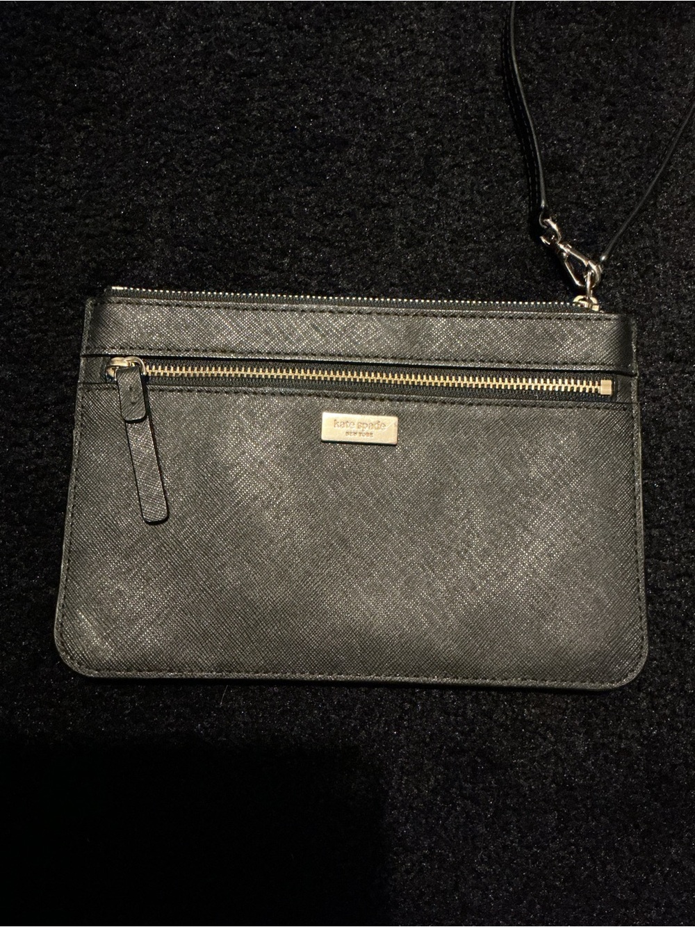 Kate Spade Black Textured Leather Wristlet with Gold Hardware